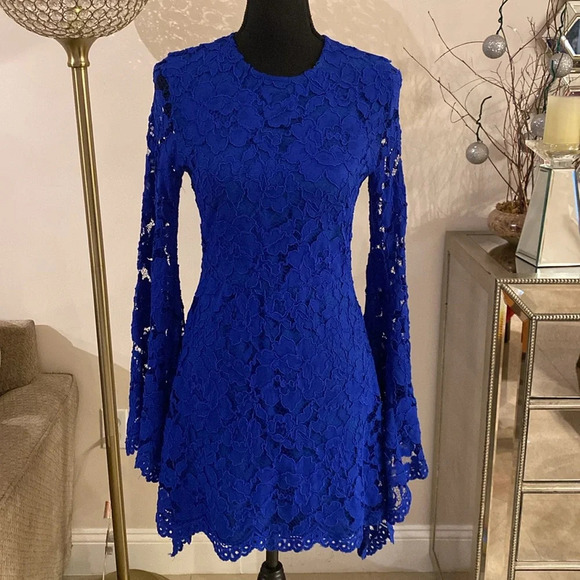 ALEXIS BLUE LACE ELONGATED BELL SLEEVE A-LINE MINI DRESS SZ.S - Picture 6 of 10